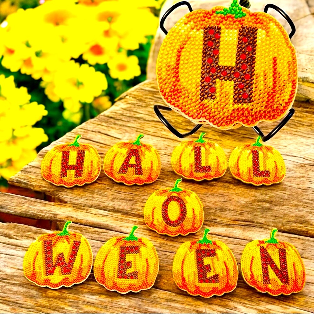 Coaster Set of 9 Halloween Pumpkins Hand Crafted & Sealed with Holder
